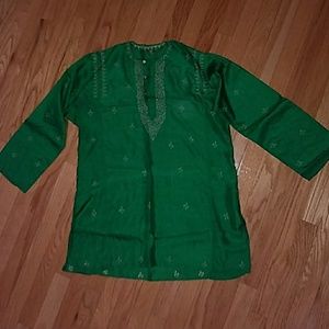 Green Silky Kaftan Tunic with Embroidery